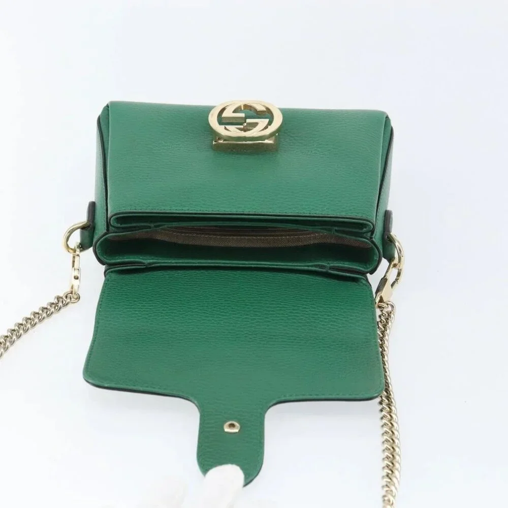 GUCCI Interlocking G Chain Shoulder Bag Leather Green Gold 607720 Auth 158806 - Picture 10 of 16